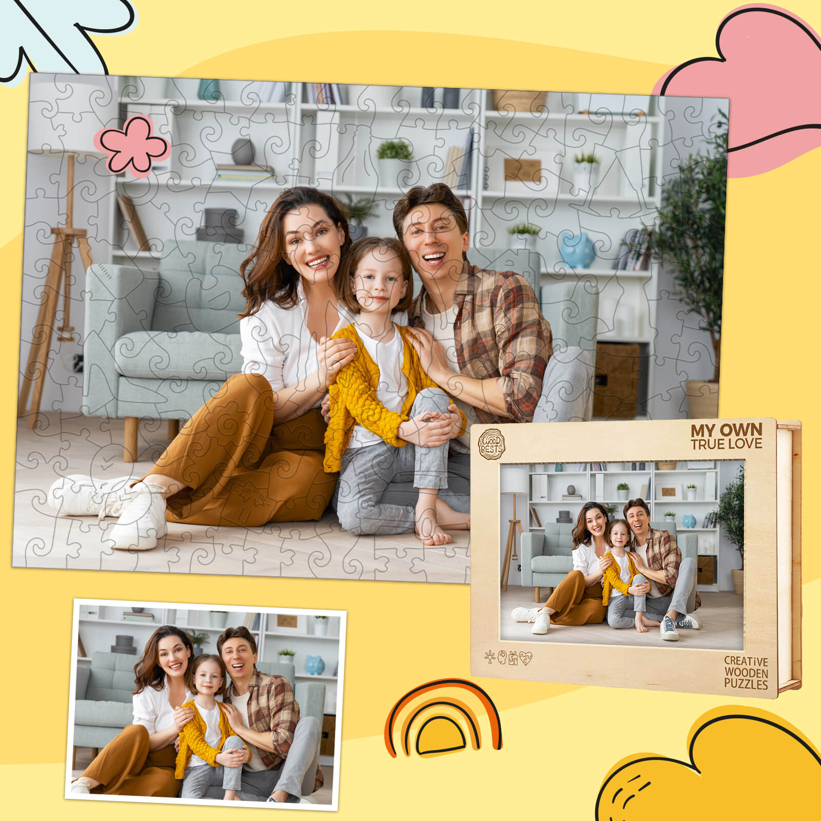 Custom photo wooden puzzle featuring a happy family, perfect gift for special occasions.