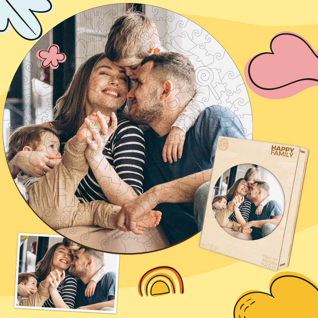Personalized photo wooden puzzle featuring a happy family, showcasing moments of joy and togetherness.