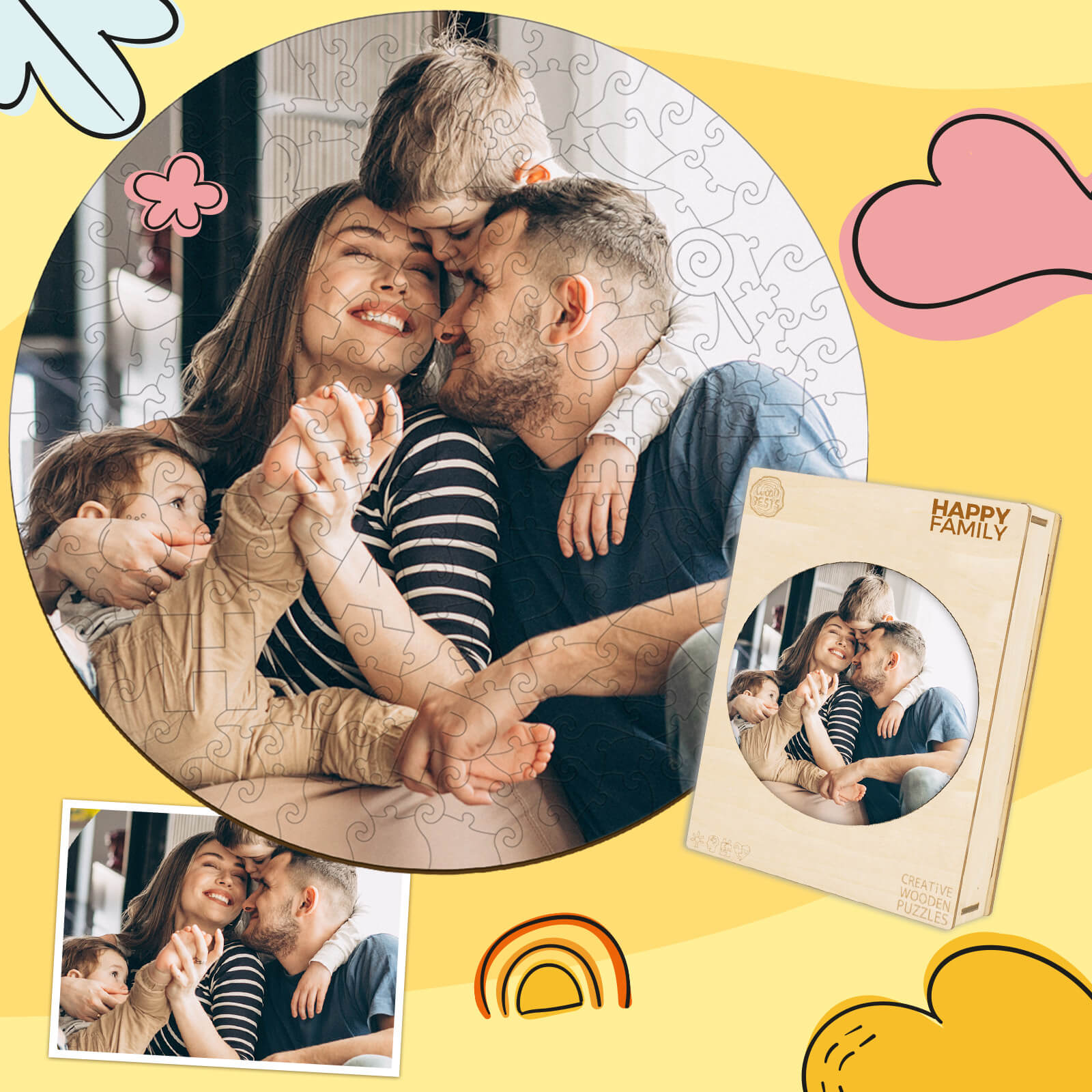 Personalized photo wooden puzzle featuring a happy family, showcasing moments of joy and togetherness.