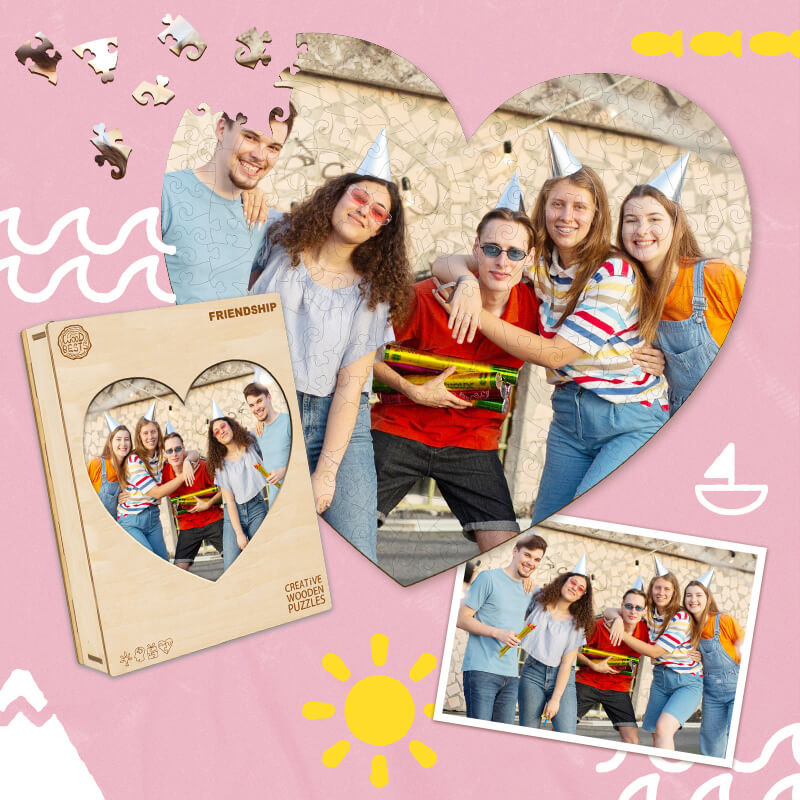 Personalized heart-shaped wooden puzzle featuring friends celebrating together, embodying the theme of friendship.