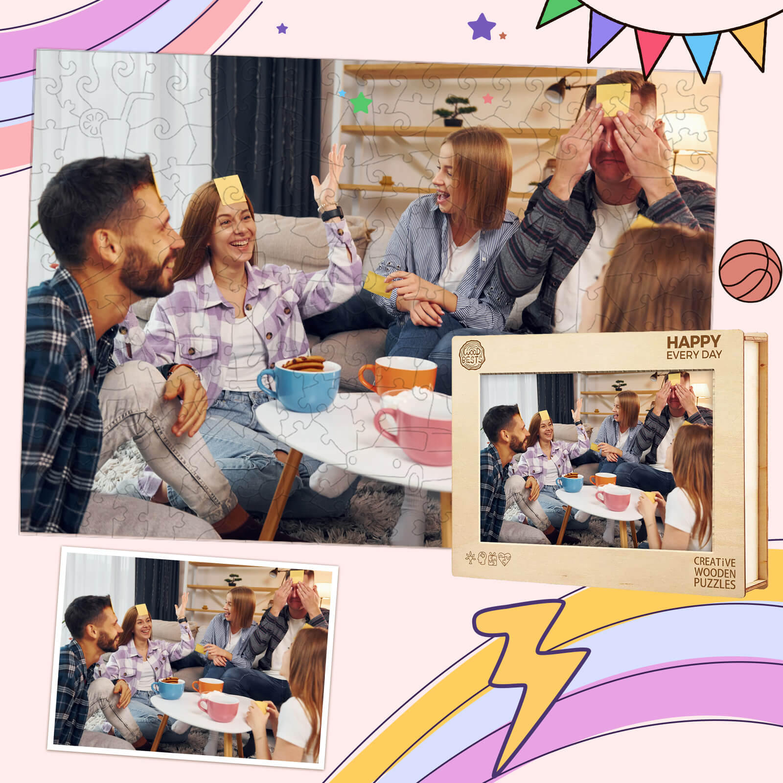 Group of friends enjoying a fun game with a custom wooden photo puzzle, perfect for gifts and celebrations.