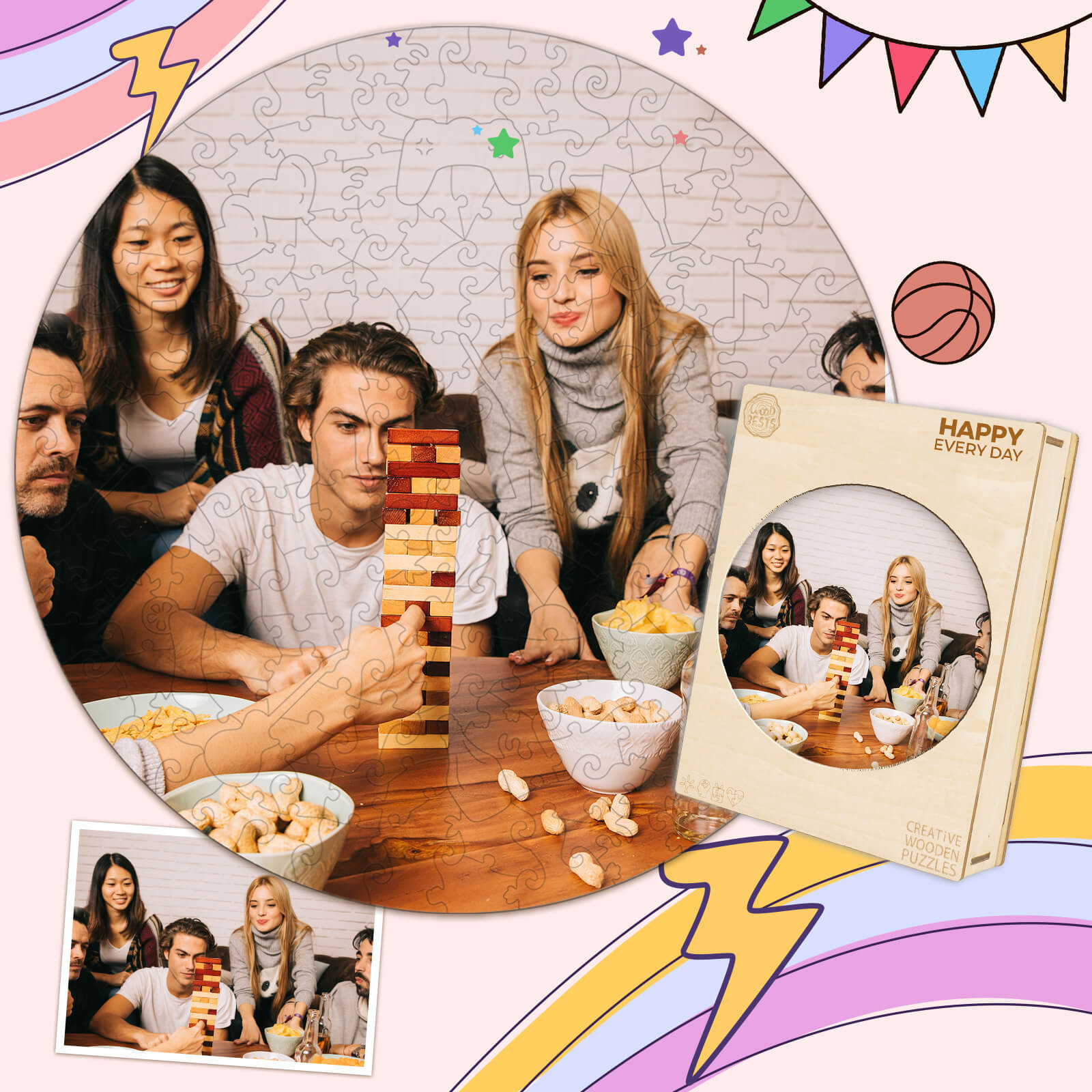 Group enjoying a personalized photo wooden puzzle game, featuring various shapes and themes, perfect for gatherings.