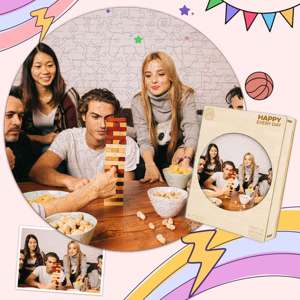 Group of friends enjoying a custom photo wooden puzzle game together, showcasing fun and creativity.