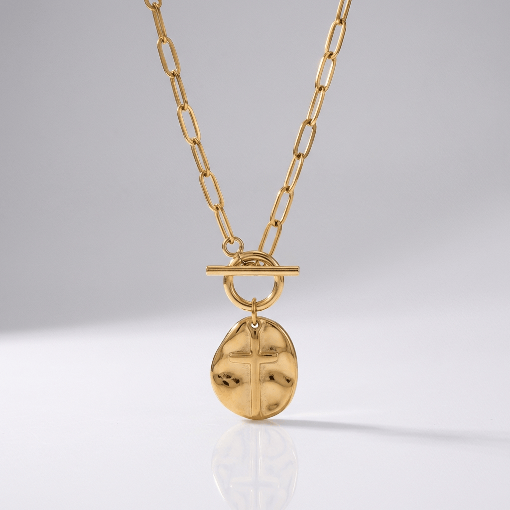 PAPERCLIP STYLE CROSS COIN NECKLACE