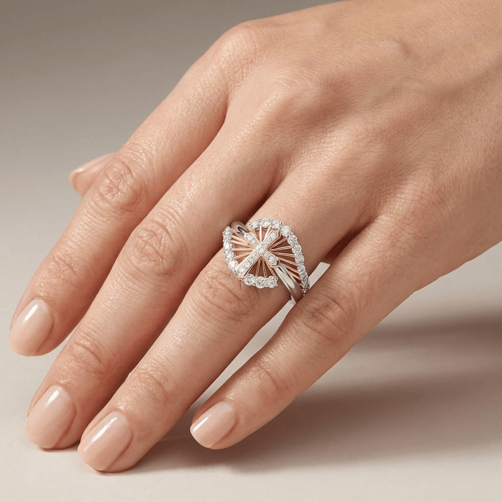 TWO-TONE CROSS SILVER RING WITH ZIRCON STONES
