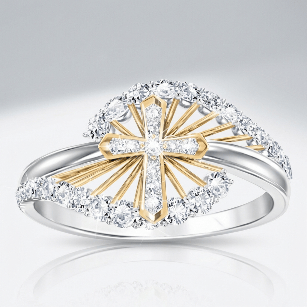 TWO-TONE CROSS SILVER RING WITH ZIRCON STONES