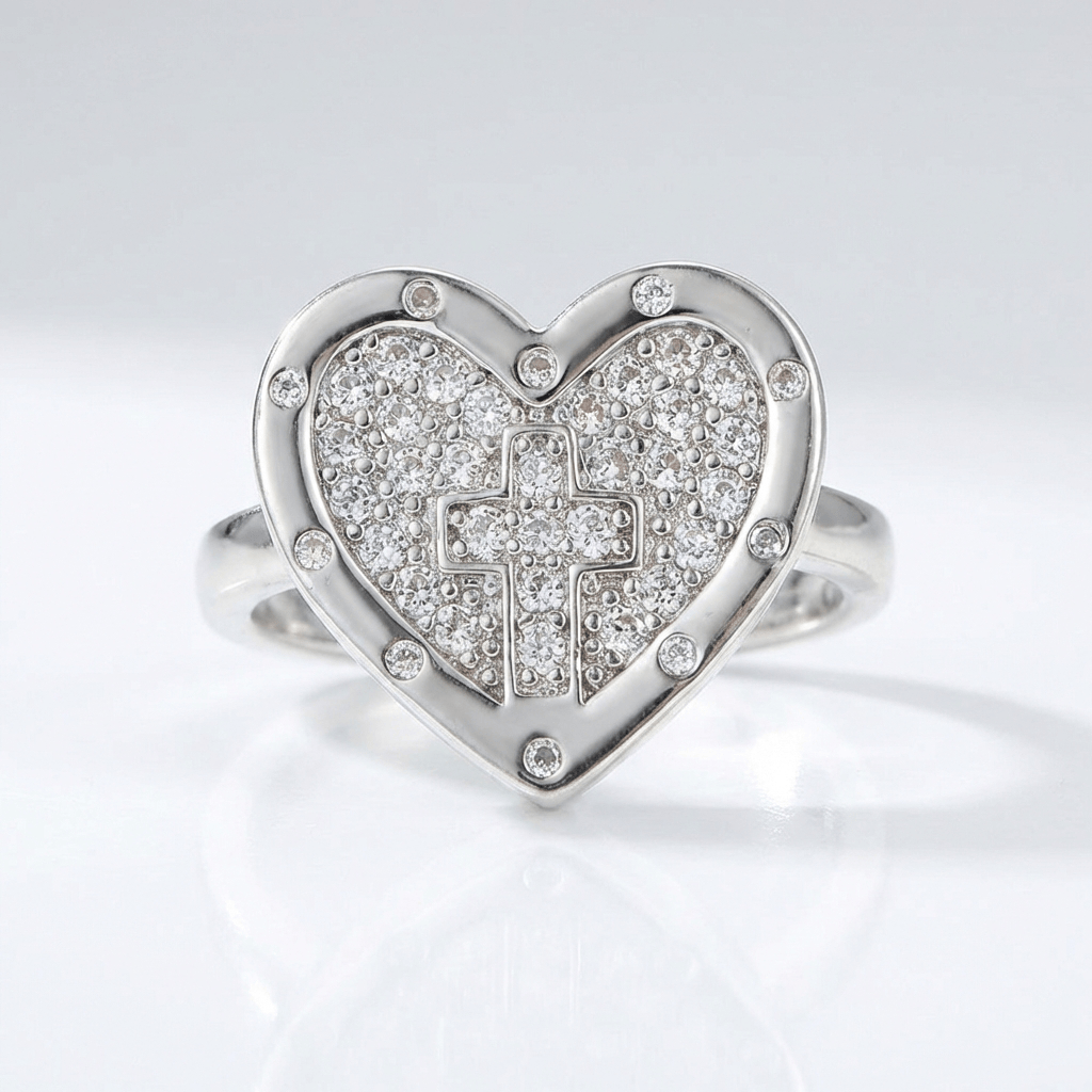 COLORFUL HEART & CROSS SILVER RING - (ADJUSTABLE)