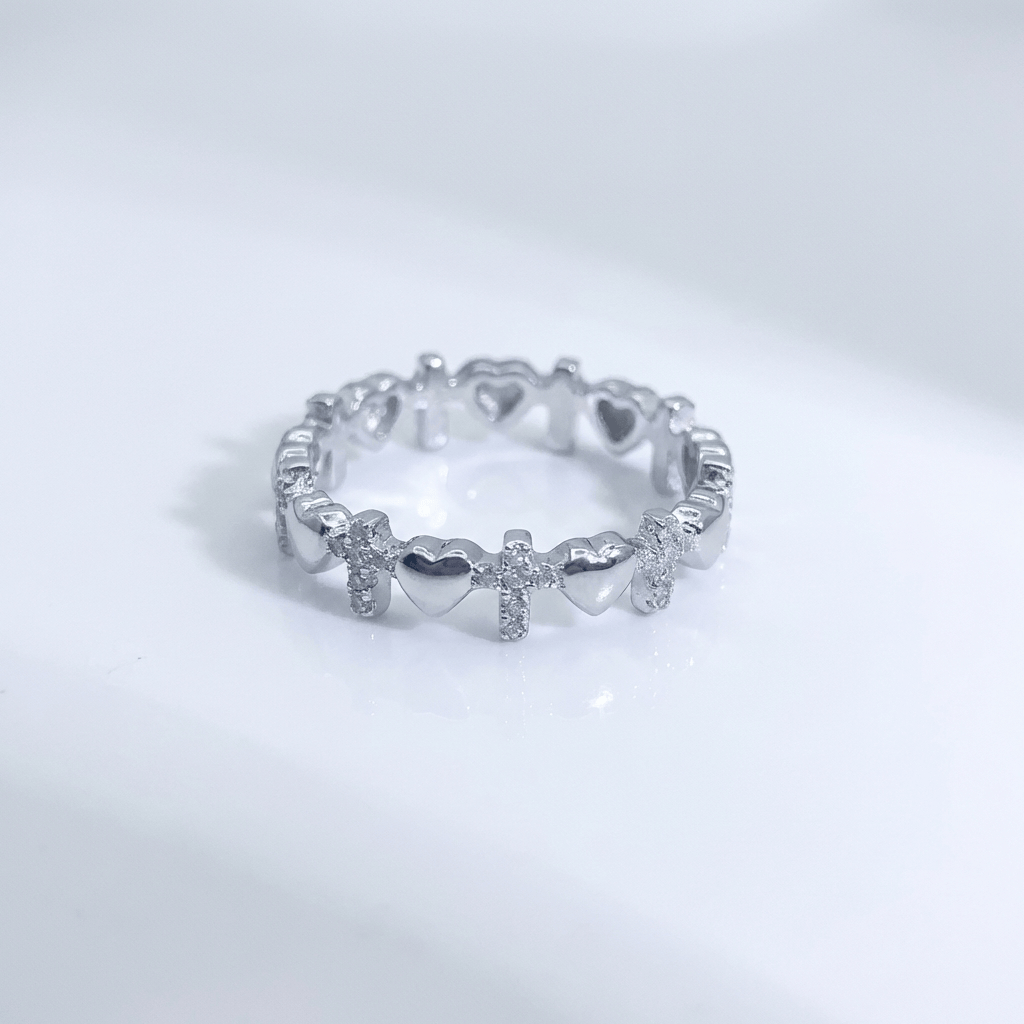 SILVER CROSS & HEARTS RING