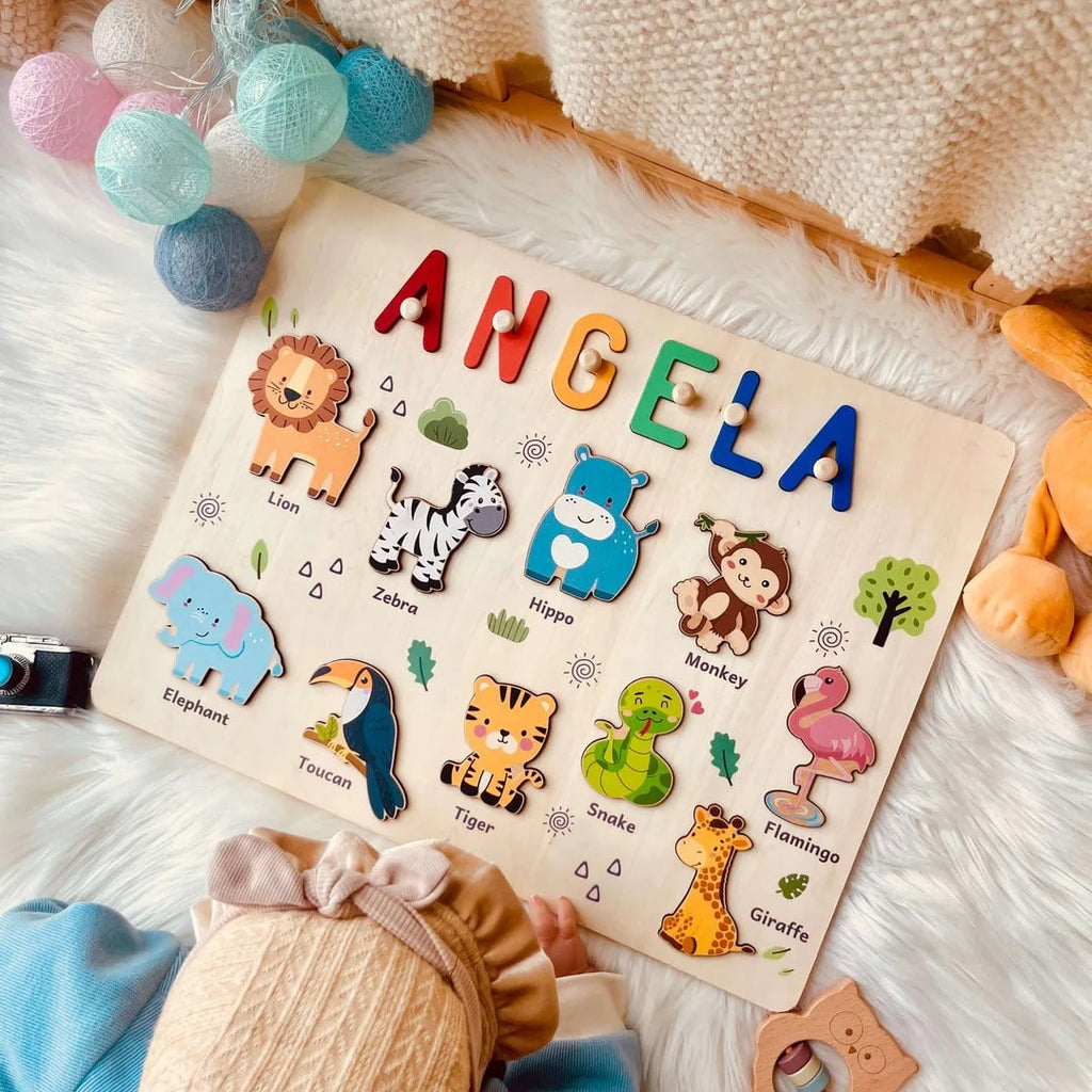 Personalized Wooden Name Puzzle - Safari Animal Toy for Toddlers