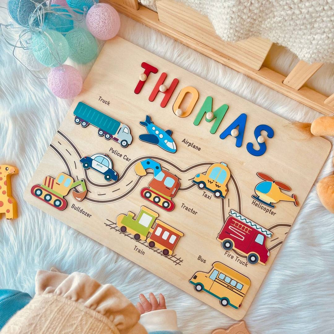 Personalized Wooden Name Puzzle - Vehicle Learning Toy for Toddlers