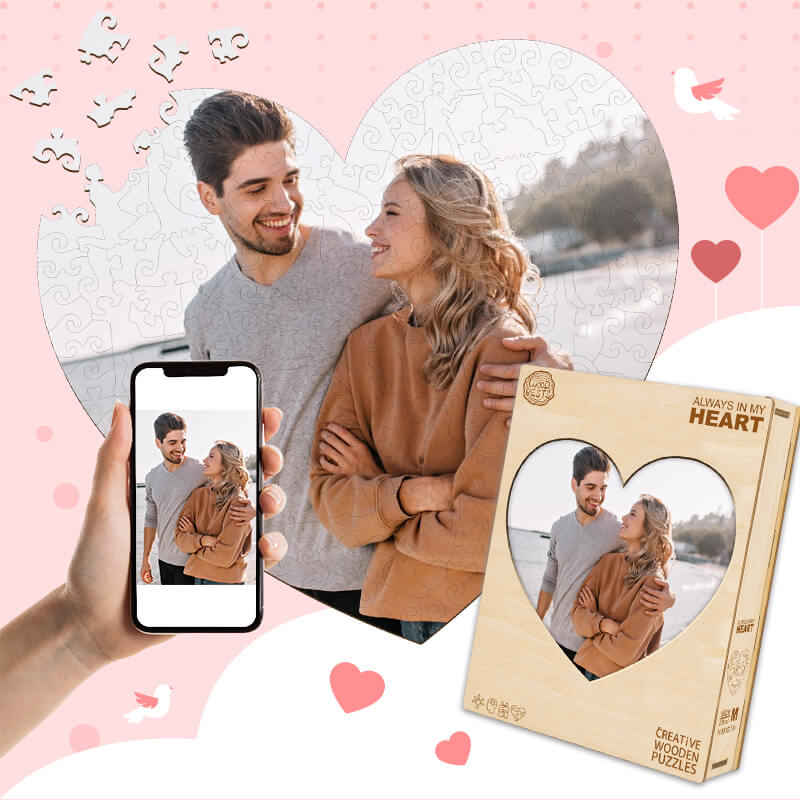 Custom photo wooden puzzle gift featuring a couple, shaped like a heart, perfect for memorable moments.