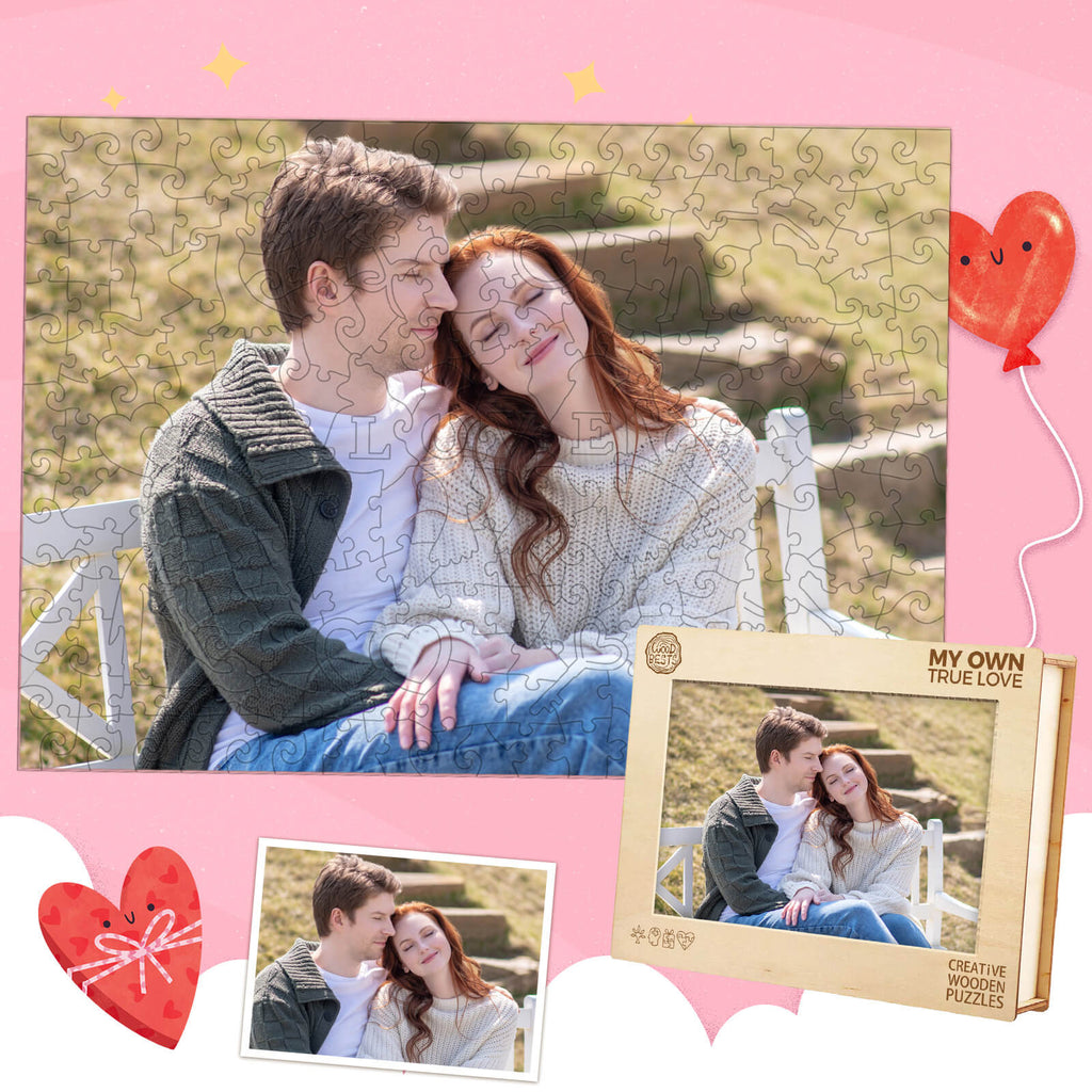 Personalized wooden puzzle featuring a couple in love, displayed with heart decorations and a photo box.