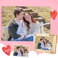 Personalized wooden photo puzzle featuring a couple capturing a loving moment together.