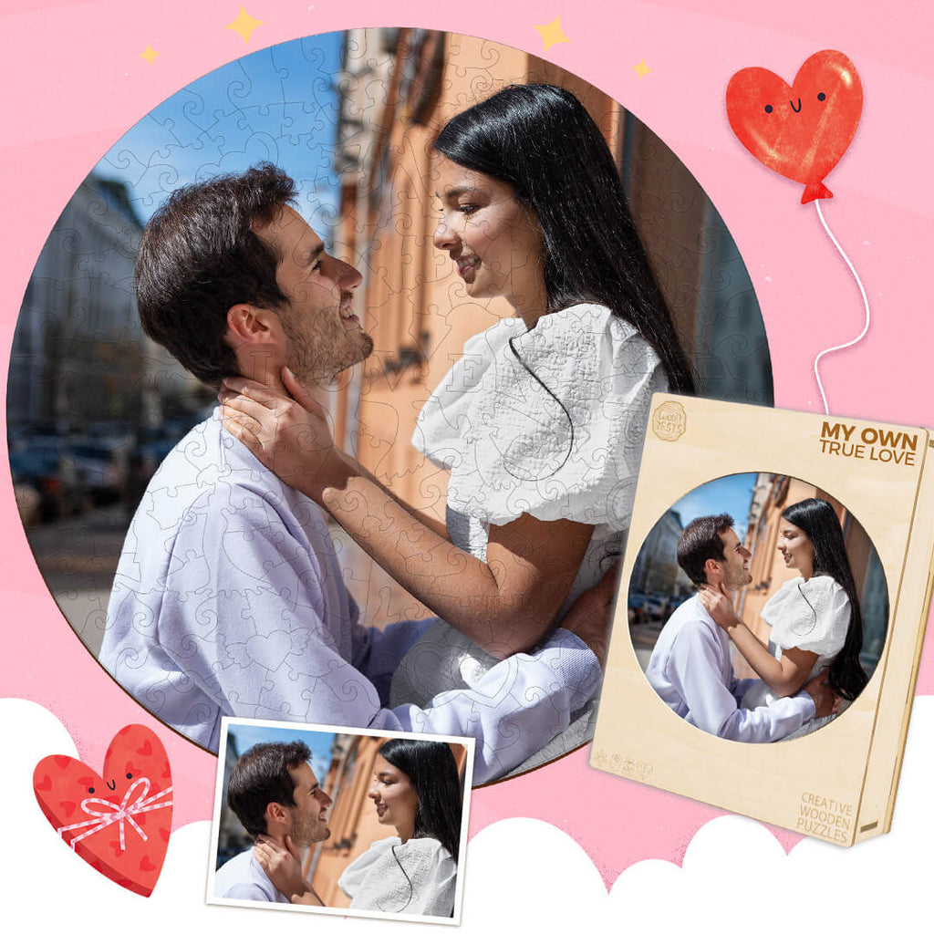 Couple enjoying a personalized wooden puzzle featuring their love photo, perfect for gifts and memories.