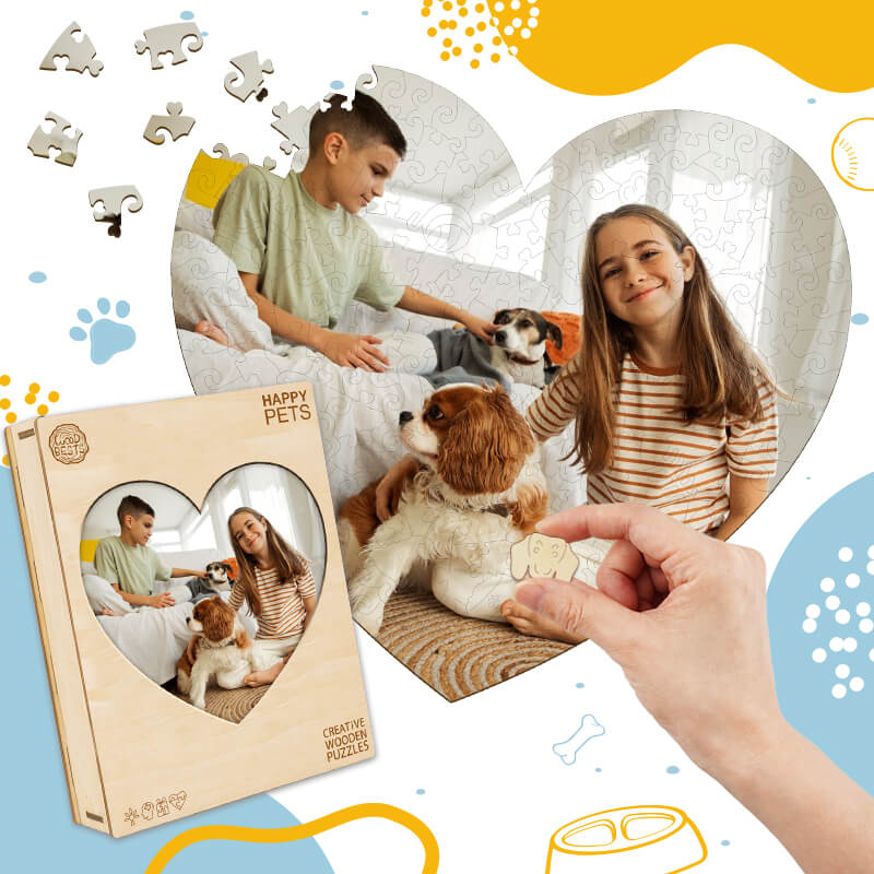 Personalized wooden photo puzzle featuring kids and pets, perfect gift for animal lovers and family bonding.