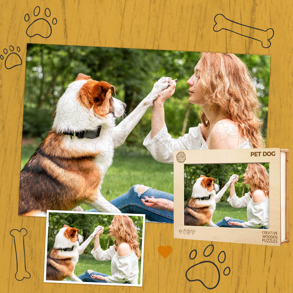 Custom photo wooden puzzle featuring a woman playing with her dog outdoors, perfect gift idea for pet lovers.