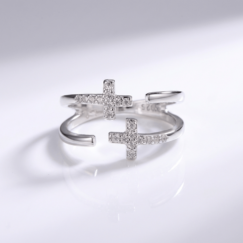 DOUBLE CROSS SILVER & DIAMOND RING - (ADJUSTABLE)