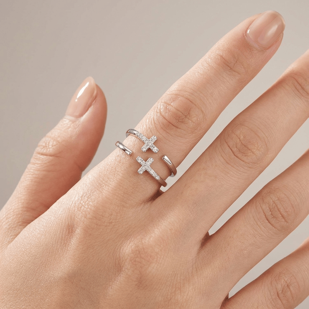 DOUBLE CROSS SILVER & DIAMOND RING - (ADJUSTABLE)